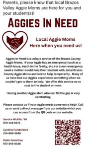 Please contact us if your Aggie needs some extra help! Call us: Sandra Micklitz'84 979-218-8675 Cynthia Funderburk 214-695-3656 Robin Hamilton 972-345-0536